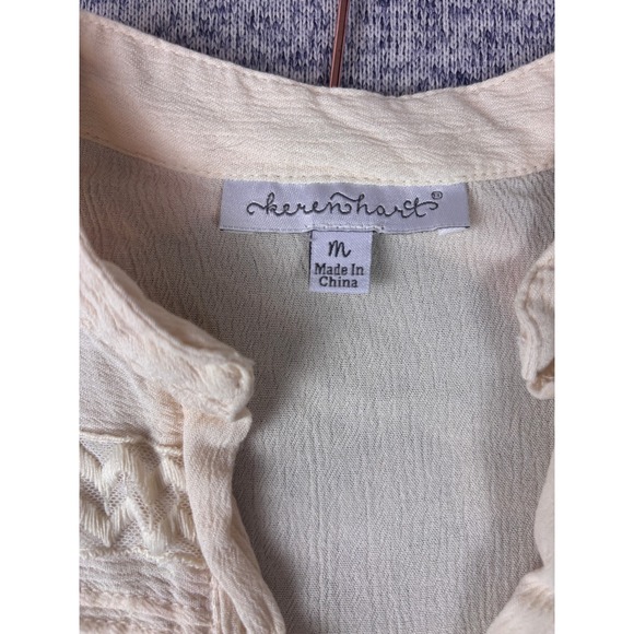 Keren Hart Womens Medium top Cream Boho Gauze Crochet Lace Ruffle Hem Peasant - Picture 2 of 11